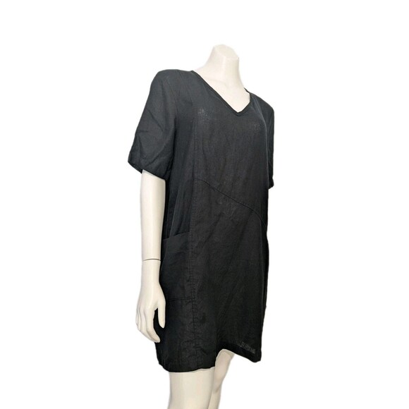 Flax Designs Linen Shift Dress S/ M Black S/S  Pockets Lagenlook Minimalist Chic - Picture 1 of 6